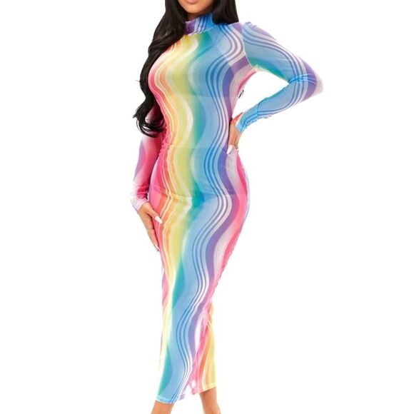 Y2K 90s Style Sexy Rainbow Ombre Festival Bodycon Mesh Sheer Maxi - Picture 1 of 12